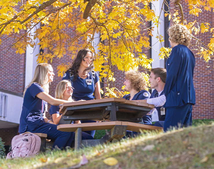 Nursing students gather around a table