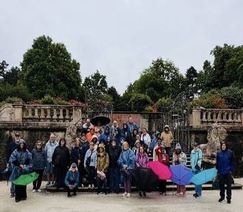 Group in front of fountain