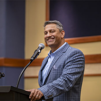 Dr. Samir Patel gives a lecture to students in the College of Education and Human Services.