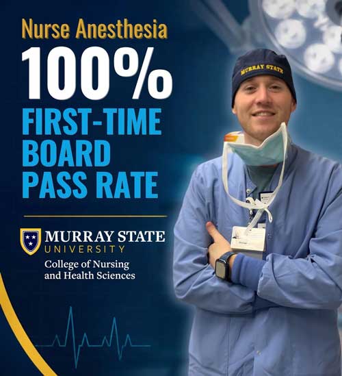 decorative image with a male nurse and text announcing the nurse anesthesia first time pass rate for certification