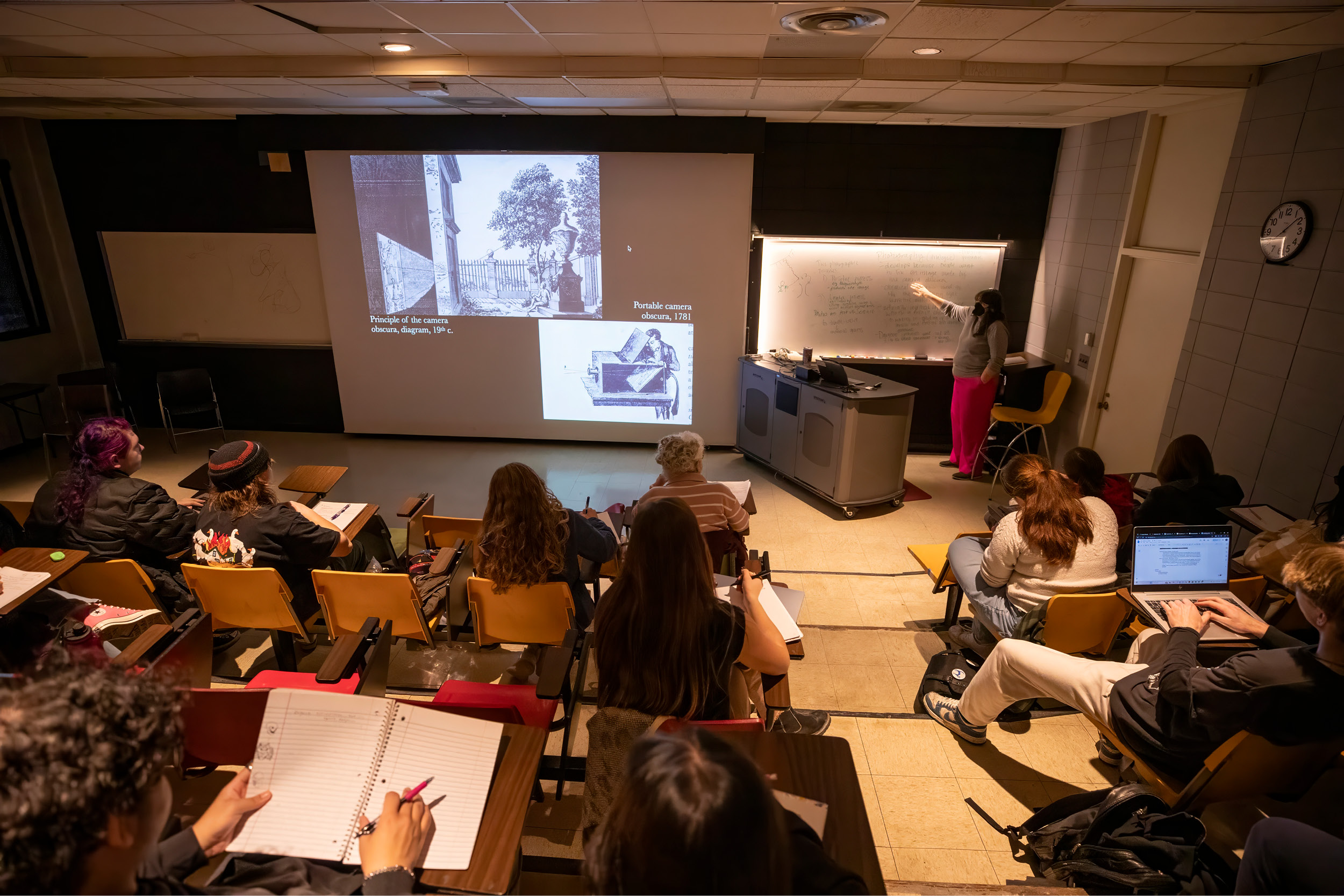 Dr. Antje Gamble lectures students on the history of the camera obscura.