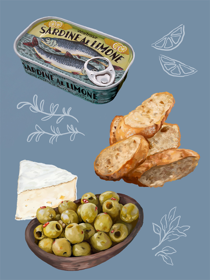 Illustrations of a sardine tin, bread, olives, and cheese. 