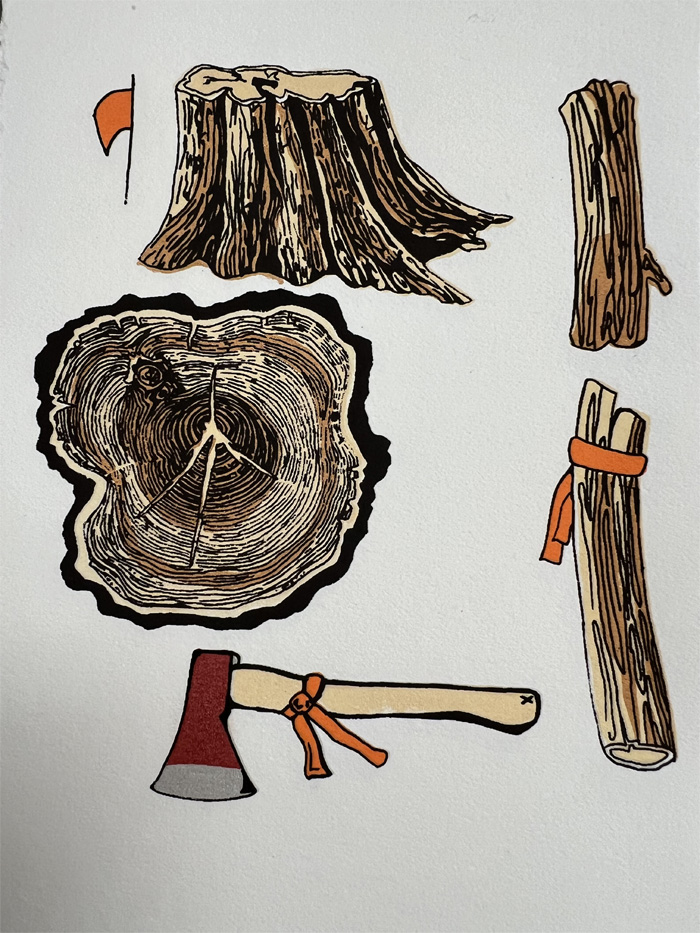Student illustration of a tree stump, logs, and an axe. 