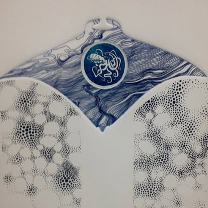 Student illustration of a textured manta ray floating through an ocean of dots. 
