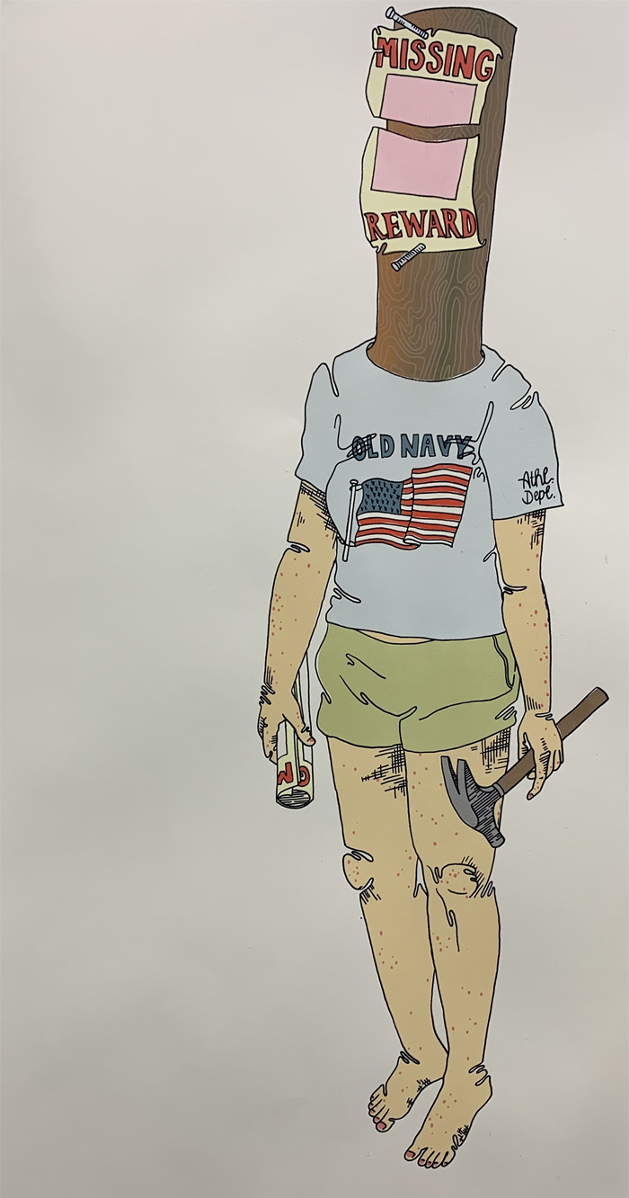 Student illustration of a humanoid figure with a post with a missing persons poster for a head wearing an American flag shirt from Old Navy. 