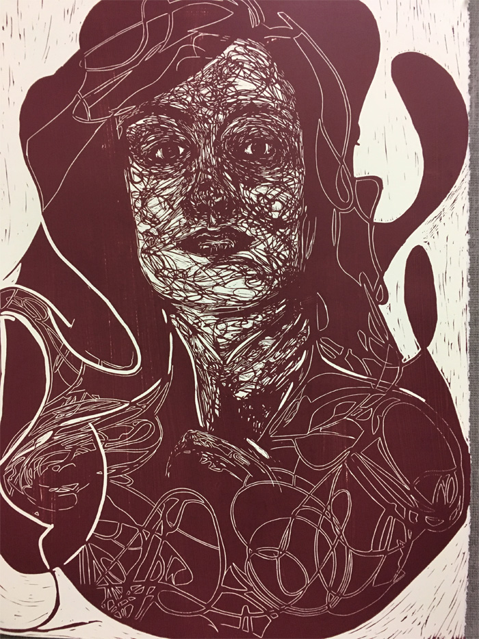 Student illustration of a woman’s face made from scribbles. 