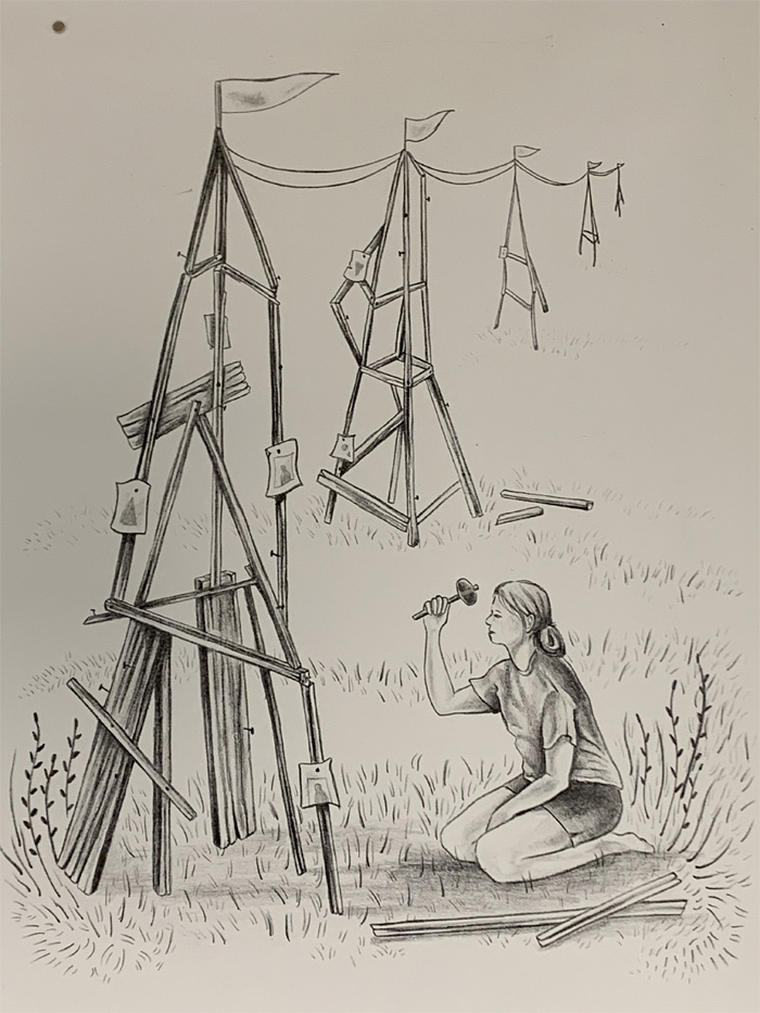 Student illustration of a woman building rickety structures. 