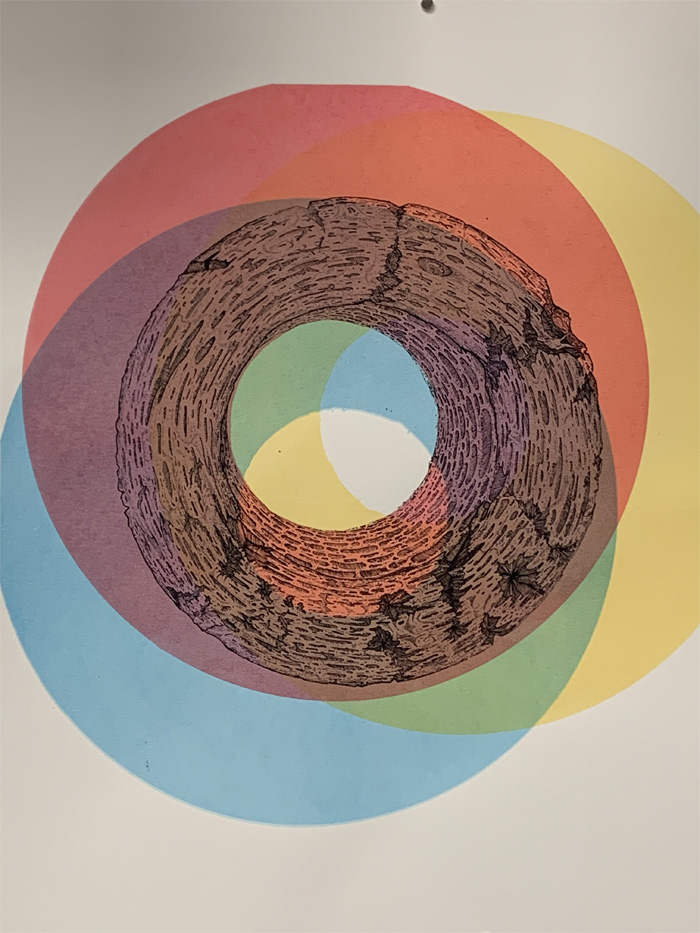 Student illustration of a black-and-white wooden circle at the center of overlapping red, blue, and yellow circles. 