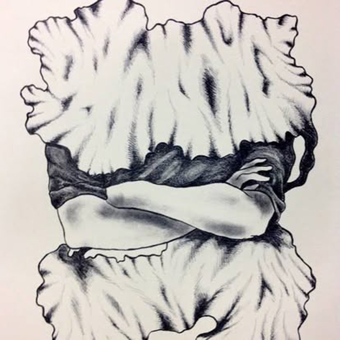 Student illustration of a piece of fabric with humanoid arms crossed.