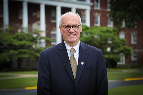 Murray State President, Dr. Bob Jackson, in front of Wells Hall