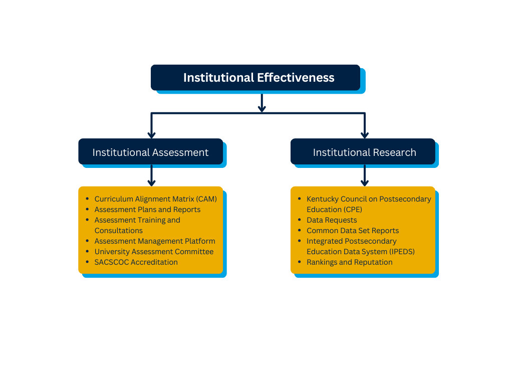Organizational chart showing Institutional Effectiveness divided into Institutional Assessment and Institutional Research, each with their respective functions.