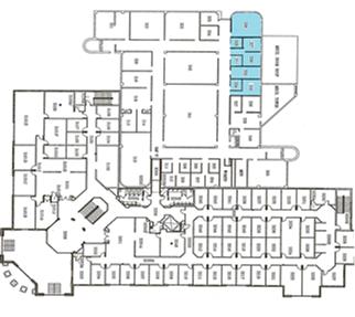 Map of Alexander Hall with the Counseling Center highlighted at the opposite end of the columns.