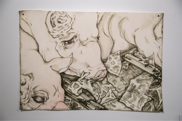 Drawing of a sad pig attempting to drink water from a trough filled with litter.