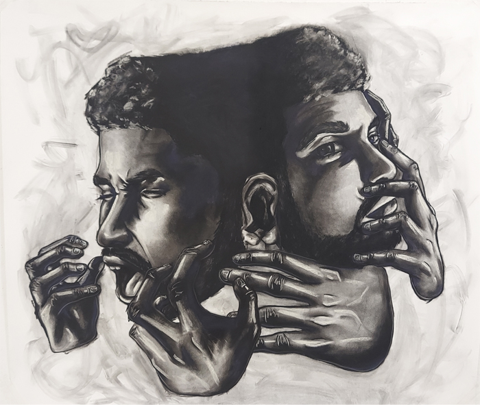 An illustration of the dichotomy of man: The face on the left screams, while the face on the right looks calm and contemplative. 