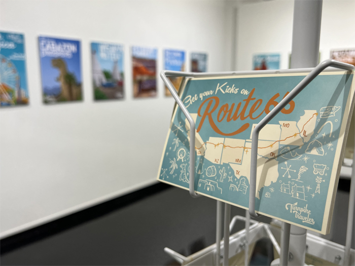 An illustrated postcard advertising Turnpike Traveler locations along Route 66.