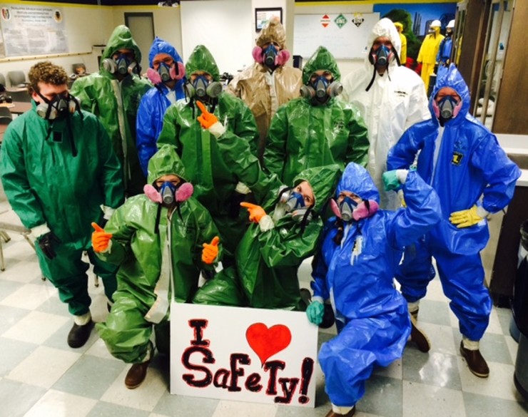 Students in hazmat suits