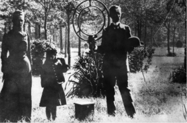 Ada Mae, Pattie, and Nathan Stubblefield (l. to r.) with portable wireless telephone receiver, 1907