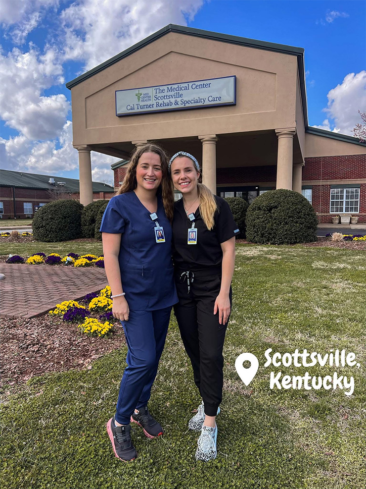 Two OT students pose outside the Cal Turner Rehab & Specialty Care building at The Medical Center in Scottsville, KY
