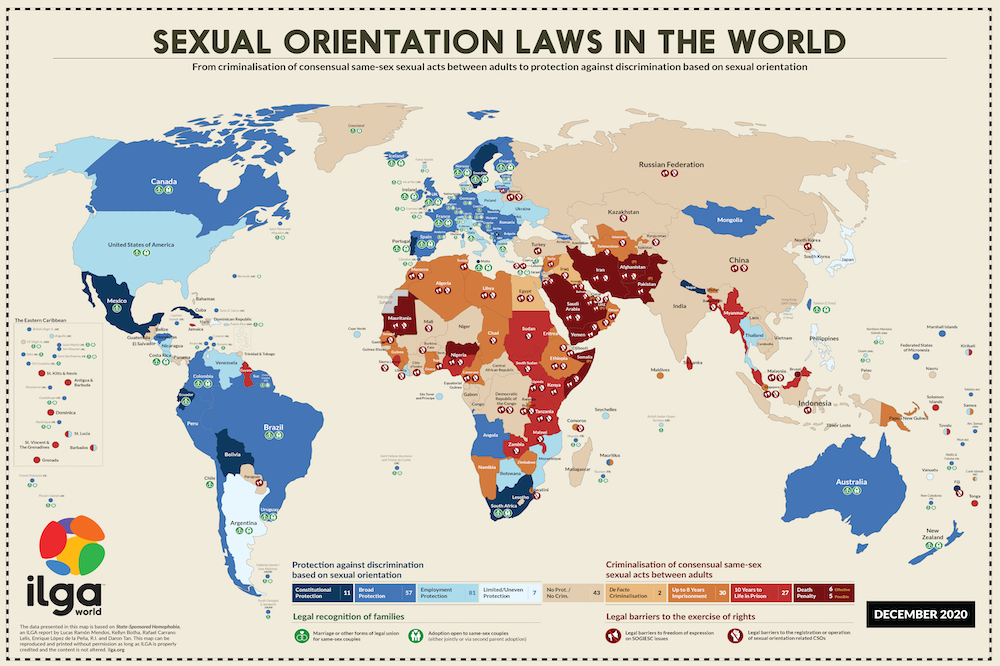 Color-coded world map showing sexual orientation laws