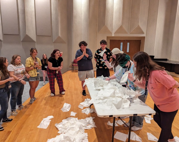 Campers playing "minute to win it" games