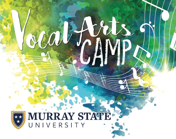 Vocal Arts Camp logo over music notes with colorful splashes and the Murray State shield