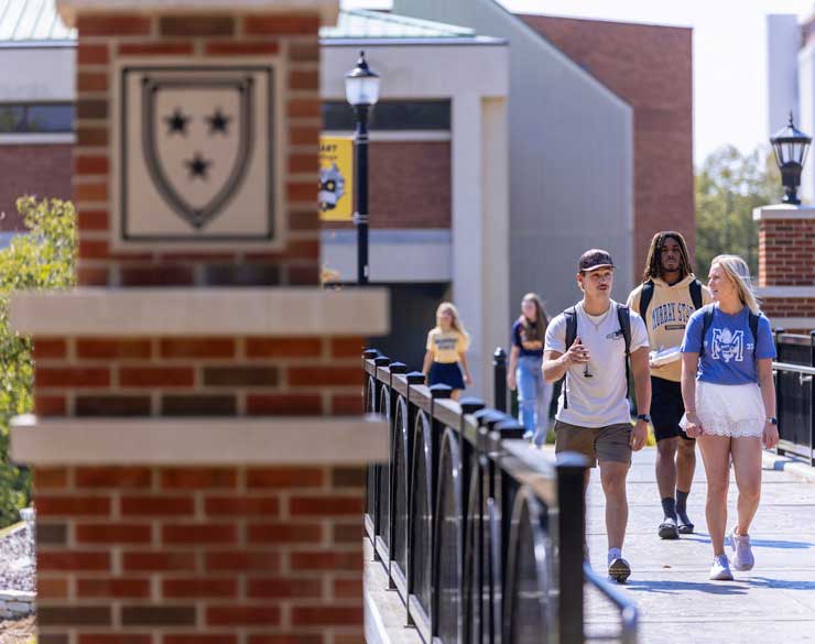two students walk across the bridge over Chestnut Street