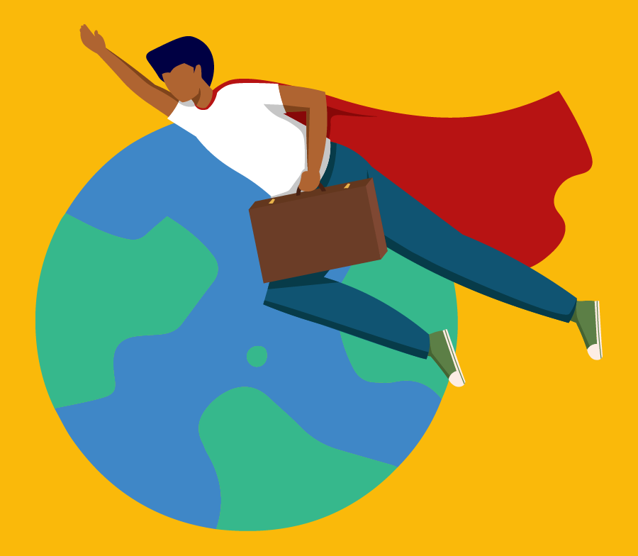 Illustration of man wearing cape flying past the globe to illustrate best colleges in usa