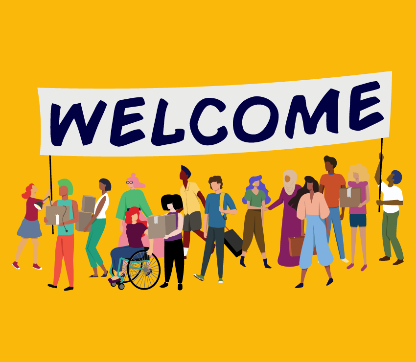 illustration of people with welcome sign