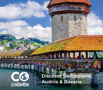 Covered bridge with the caption: Collette: Discover Switzerland, Austria and Bavaria