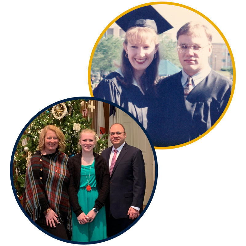 Jennifer and Taylor Cline at Graduation and recent family photo with daughter.