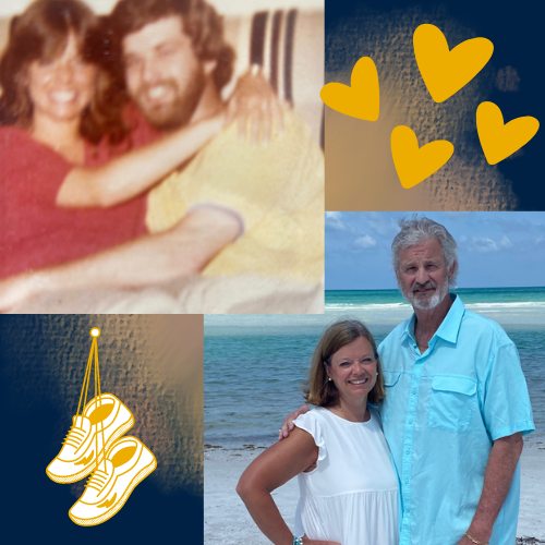 Steve and Ranona Bowers when they met at college, and a more recent photo on a beach vacation.