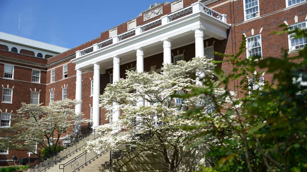 exterior of Wells Hall steps on west side