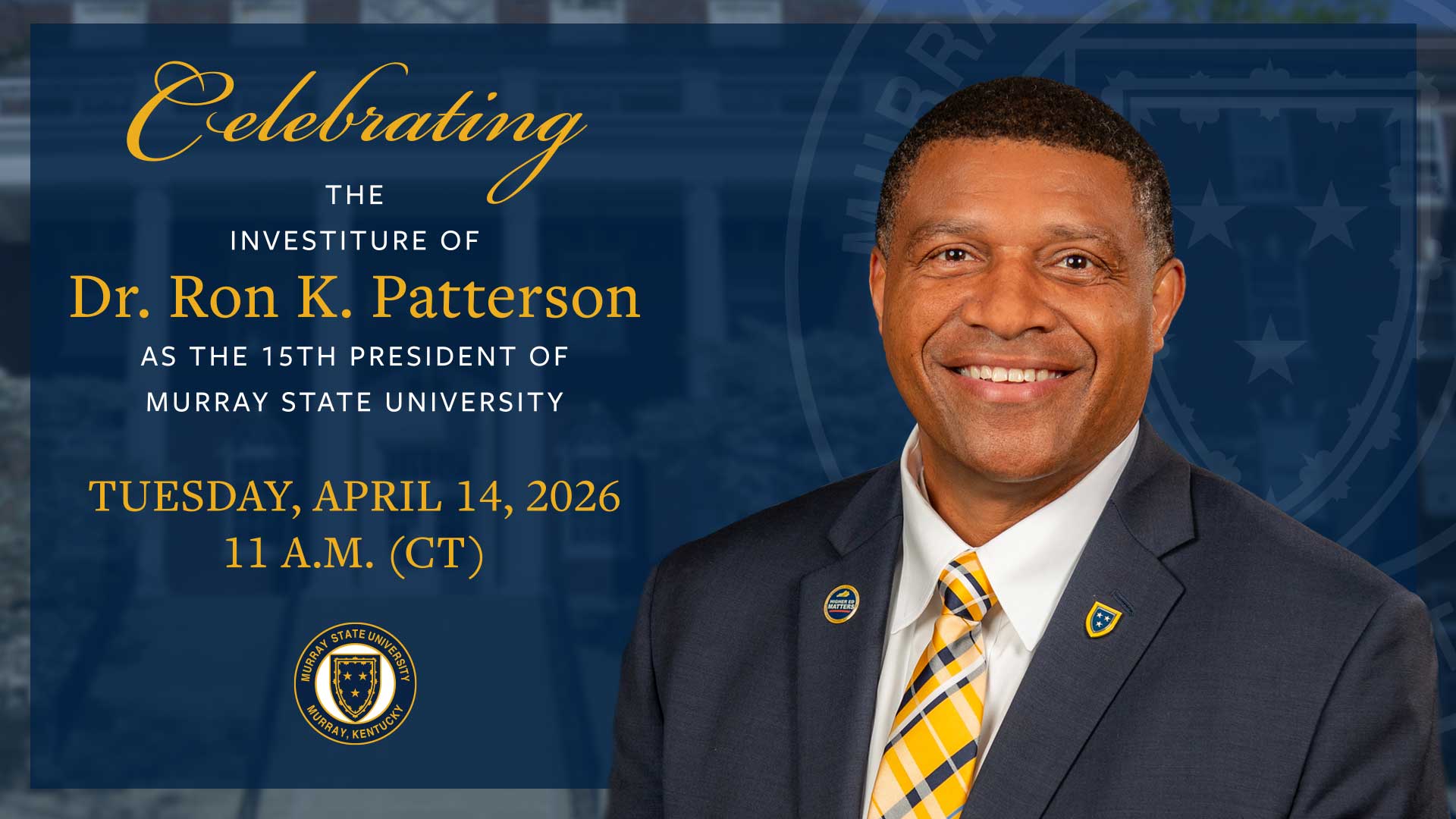image announcing inauguration details with a picture of Dr. Patterson