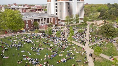 drone photo of the crowds for All Campus Sing 2023