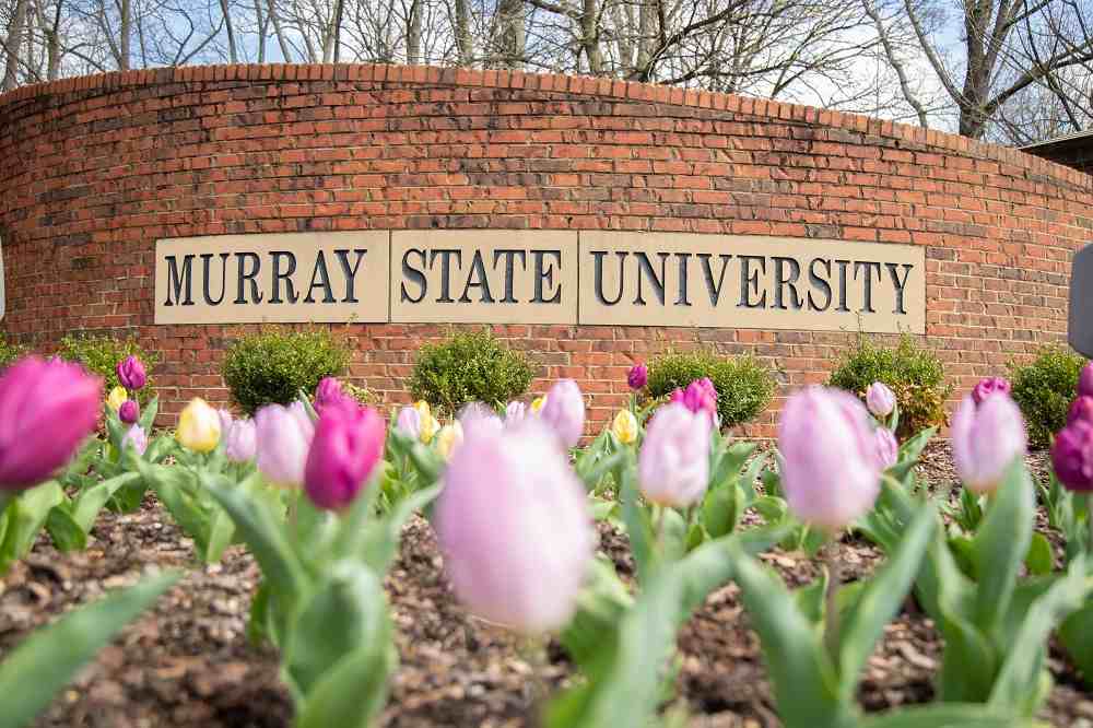 Campus entrance with tulips