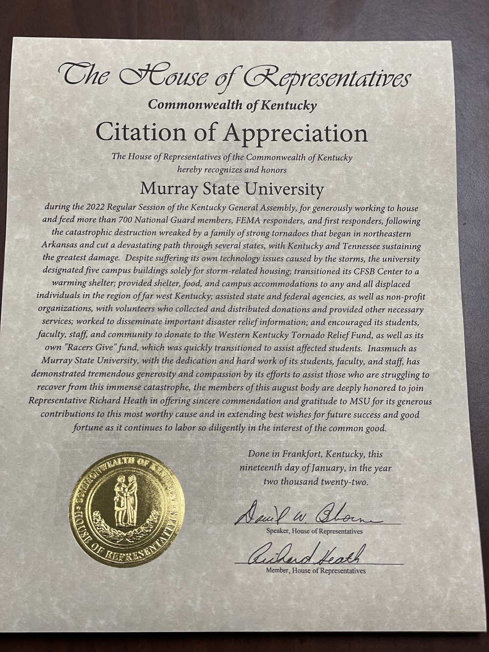 image of the citation received by Murray State from the Kentucky House of Representatives