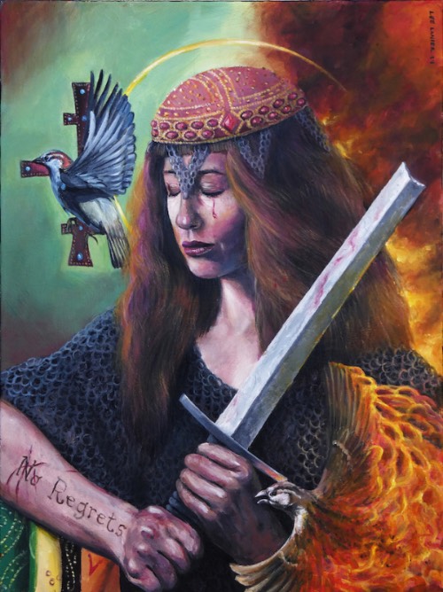 A painting depicting a long-haired woman with a broken sword and two birds.
