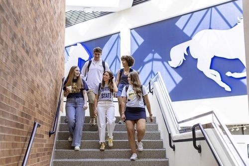 students walking down the stairs inside the Curris Center