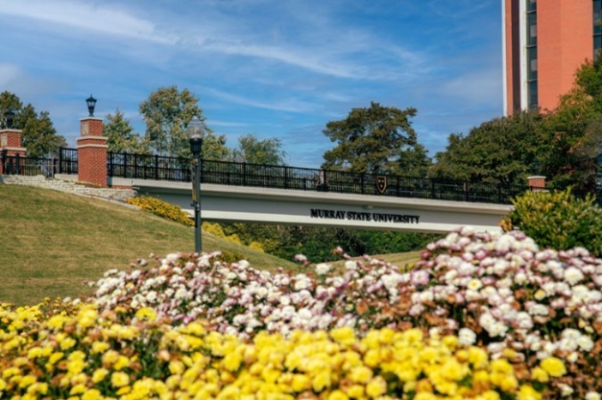 Yellow and white flowers with a Murray State University pedestrian bridge in the background.