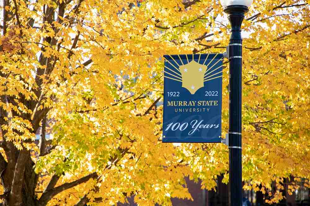 Centennial banner on campus