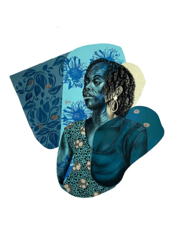 A portrait of a woman with a blue and gold overlay and gold embellishments.