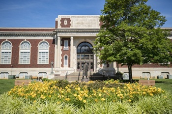 A campus image of Pogue Library. 