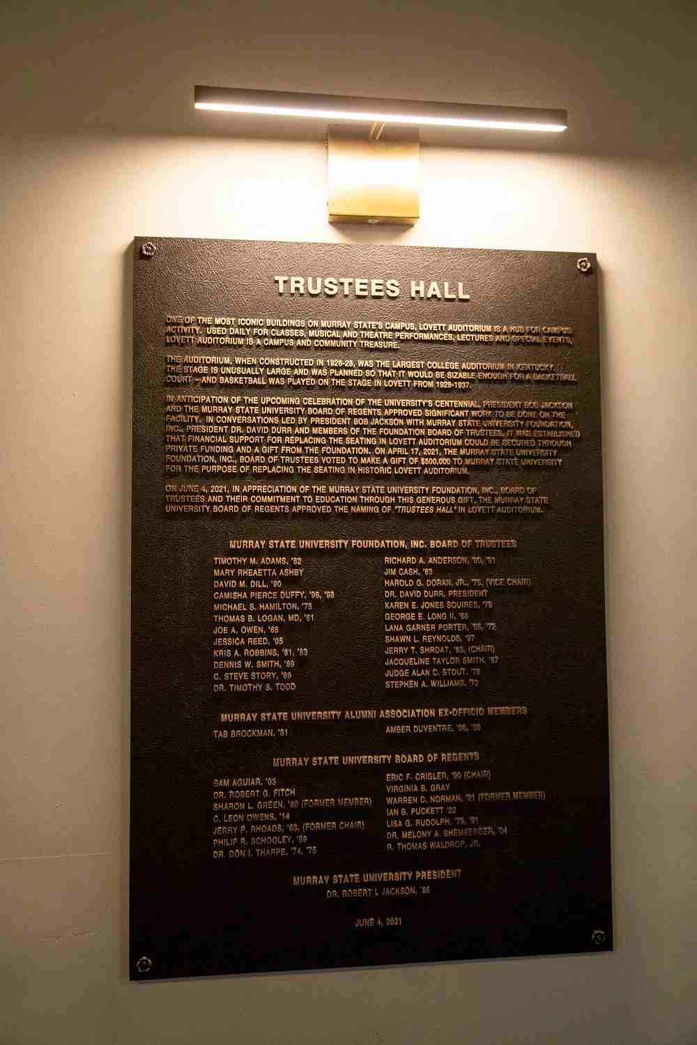 Plaque commemorating the new Trustees Hall