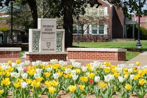 Woods Park sign with tulips