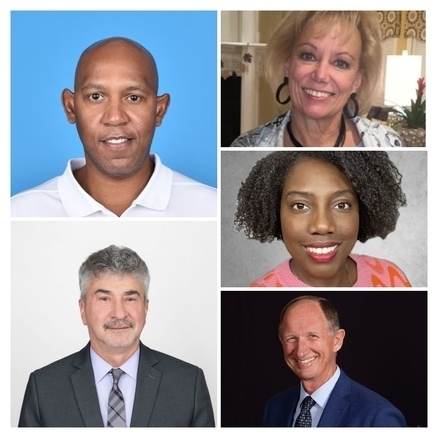 Clockwise from top left:  Popeye Jones ‘05, Cindy Griner ‘82, Dr. Sacha Sharp ‘10, Richard Heath ’84, ’89, and Steven David