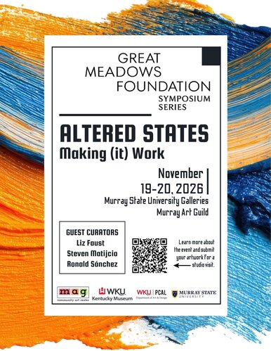 Poster with information and QR code with blue and orange paint stroke background
