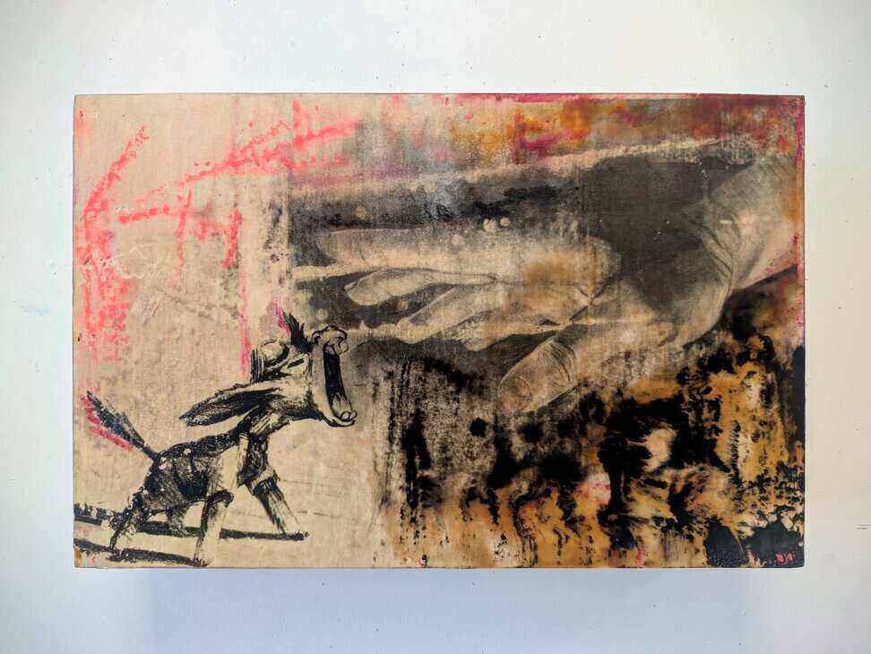 artwork of donkey and hand on canvas