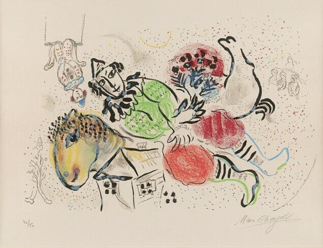 Part of Marc Chagall's Le Cirque series depicting a clown at a circus.