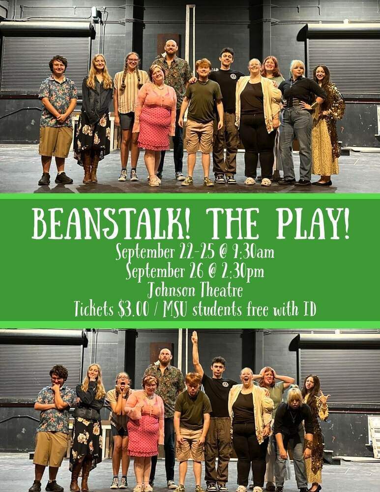 "Beanstalk! The Play!" written over two photos of the student cast with showtimes listed.