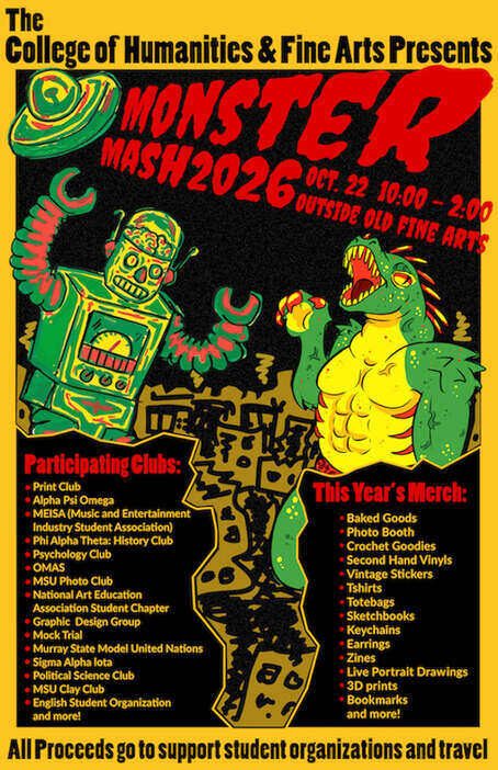 monster mash flyer with green ufo, robot, and monster